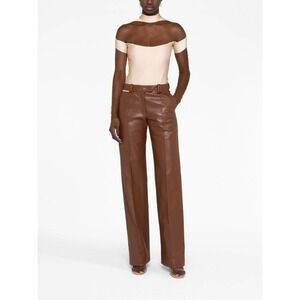 Mugler Sheer-Panel Long-Sleeve Bodysuit White Brown Women's Size 38 NWOT
